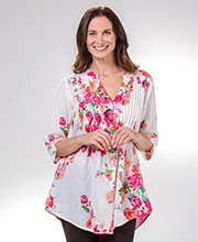 La Cera Tunics - (Small) 3/4 Sleeve 100% Cotton Pleated Top in May Day