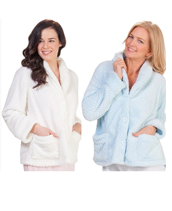 La Cera Shawl Collar "Honeycomb Fleece" Bed Jacket  in White or Blue