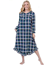 La Cera Cotton Flannel Nightgown - Long Sleeve in Navy Plaid