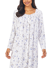 Eileen West Cotton Knit Long Nightgown - Long Sleeve in Blue Floral Spray