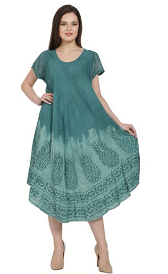 A-Line Dress - One Size Fits Most (Miss &amp; Plus) Short Sleeve Rayon 52&quot; Umbrella Pineapple Block Print Tie Dye in 6 colors