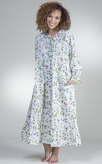 Cotton Robe La Cera  Long Sleeve Cotton Robe/Button-Front Nightgown - Rose Vine