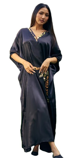 Black Satin Belted Kaftans - One Size Long Caftan by Winlar 