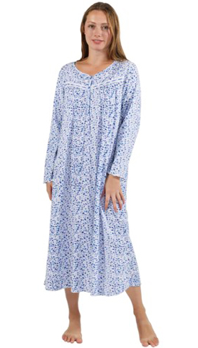 La Cera Long Sleeve 100% Cotton Knit Ballet Nightgown - Mini Blue Floral