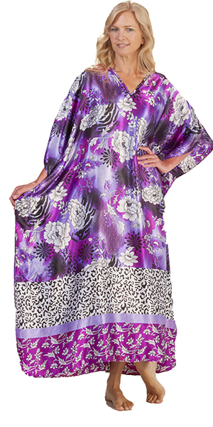 Caftans by Winlar - silky purple floral caftan with animal accents