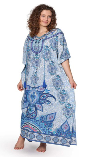 Sale - La Cera Long Cotton Caftan Dress with pockets in Elegant Paisley - One Size Fits Most