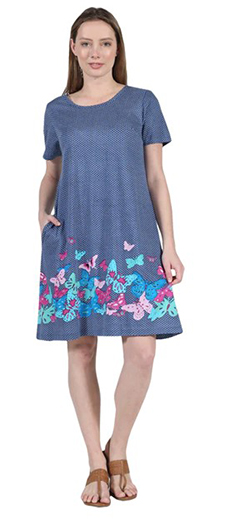 Plus La Cera Knee Length Dress with Pockets - 100% Cotton Knit A-Line Butterfly Dress in Blue or Red