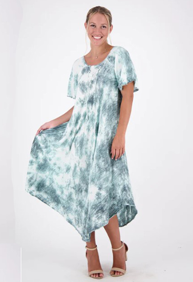 One Size Fits Most (Miss &amp; Plus) Short Sleeve Rayon 52&quot; long Umbrella Style One Size Tie-Dye House Dress in 6 color options