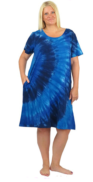Plus Size La Cera Knee Length Dress with Pockets - 100% Cotton Knit A-Line Dress - Denim Tie Dye