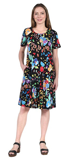La Cera Dresses - Short Sleeve Cotton Knit A-Line Dress in Abstract Floral