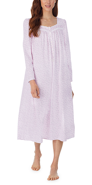 Eileen West Long Sleeve Cotton Knit Long Nightgown in Pink Ditsy