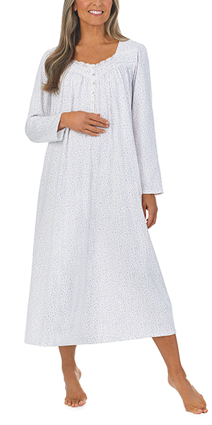 Eileen West Cotton Knit Long Nightgown - Long Sleeve in Winter Meadow on White