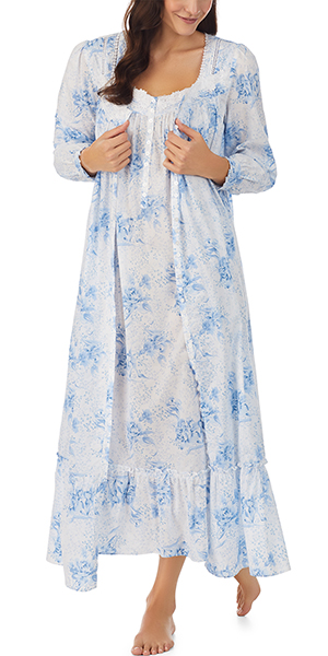 Eileen West Two Piece Nightgown and Robe Set - 100% Cotton Ballet Length in Classic  Blue Floral