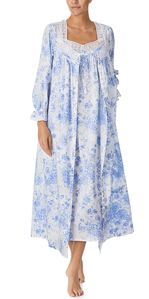 Eileen West Two-Piece Long Cotton Lawn Sleeveness Nightgown / Robe Set in Graceful Blue Floral