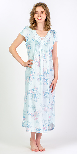 Miss Elaine Silkyknit Short Sleeve Long Nightgown in Blue Floral Spray