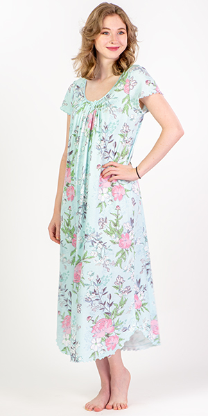 Miss Elaine Small Cottonessa Long Gown in Blooming Floral on Aqua