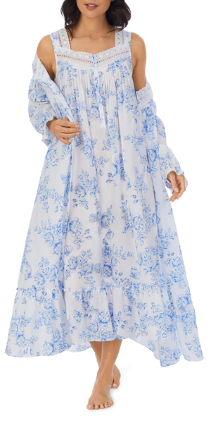 Eileen West Ballet Nightgown and Robe Set - 100% Cotton in Blue Rose Floral