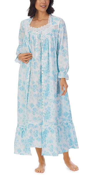 Eileen West (Size M) Ballet Nightgown and Robe Set - 100% Cotton in Aqua Floral