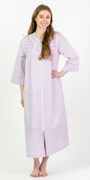 Miss Elaine Seersucker Robe - Long Smocked Zip Front Long Sleeves in Lilac Stripe