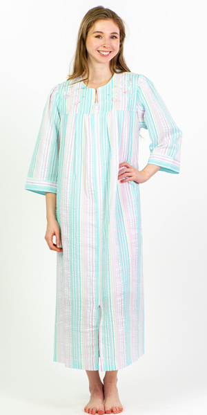 Long Seersucker Robes - Miss Elaine Zip Front in Pastel Stripe