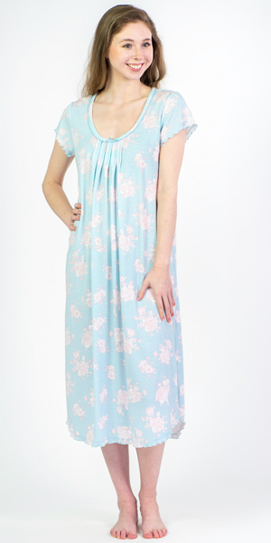 Miss Elaine Flutter Sleeve Sofiknit Long Nightgown in Victorian Blue
