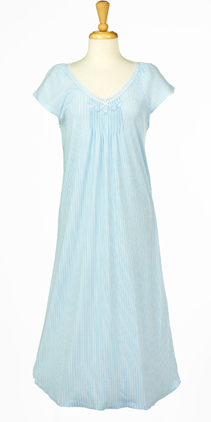 Miss Elaine Plus Flutter Sleeve Cotton-Rich Interlock Long Nightgown in Blue &amp; White Stripe