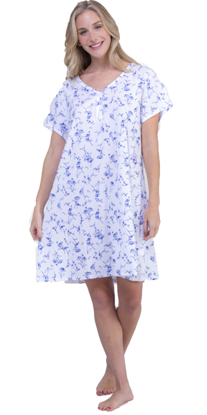 Plus Aria Cotton-Rich Knit Short Sleeve Short Nightgown in Blue Flowered Print
