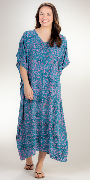 Eagle Ray Traders (Small) Long 100% Rayon Caftan Dress in Garden Party