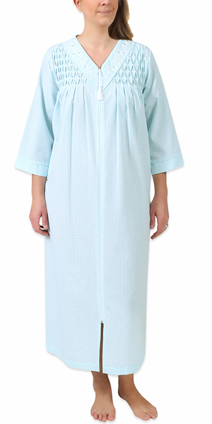 Miss Elaine (Size S) Seersucker Long Zip Robe - Smocked in Aqua White Check