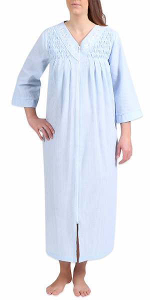 Miss Elaine (Size S) Seersucker Long Zip Robe - Smocked in Blue White Check