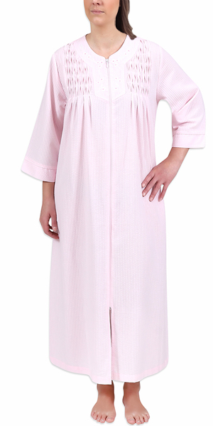 Miss Elaine Plus-Sized  Long Smocked Zip Front Seersucker Robes - in Pink