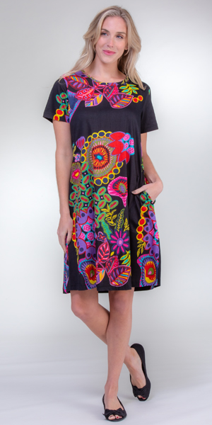 La Cera Dresses - Short Sleeve (Size Small) Cotton Knit A-Line Dress in Night Glow
