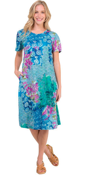 La Cera Dresses - Cotton Knit A-Line Blue Dress in Seaside Garden