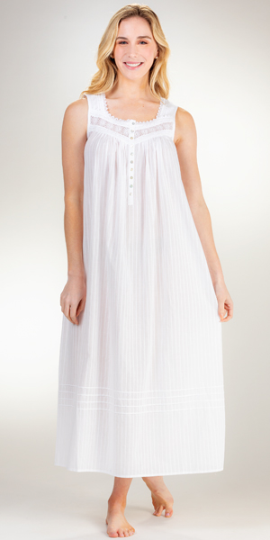 Eileen West Long Cotton Sleeveless Nightgown in White Dobby Stripe 
