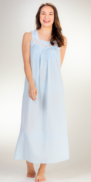 Eileen West Plus Sized Long Cotton Sleeveless Nightgown in Blue Dobby Stripe