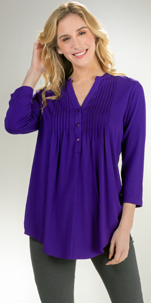 La Cera Pleated 3/4 Sleeve Rayon Blend Stretch Tunic Top - Purple