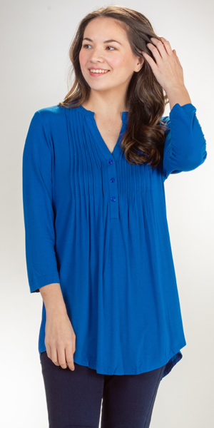La Cera Plus Sized Pleated 3/4 Sleeve Rayon Blend Tunic Top - Royal Blue