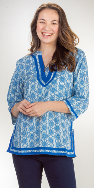 Woven Cotton (Size Med.) Top 2/3 Sleeve La Cera Tunic - Merry Blue