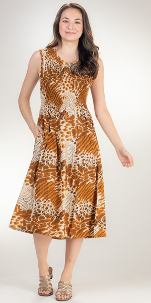 Plus Size Cotton Sleeveless Smocked Sun Dresses in Safari