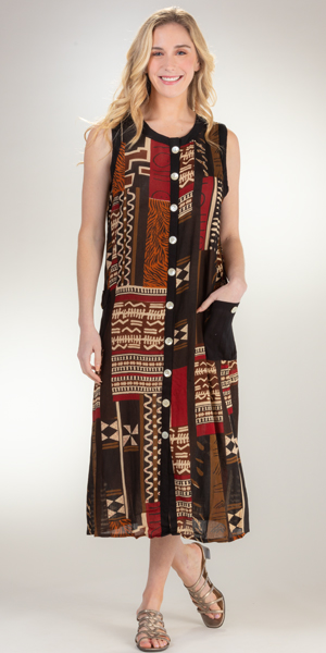 Button-Front Lightweight Rayon Sleeveless Long Beach Dress in Tribal Art