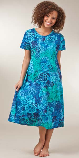La Cera Dresses - Cotton Knit A-Line Blue Dress in Deep Lagoon