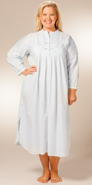 Plus (1X) La Cera Cotton Nightgown - Long Sleeve Pintucking Delight - Blue