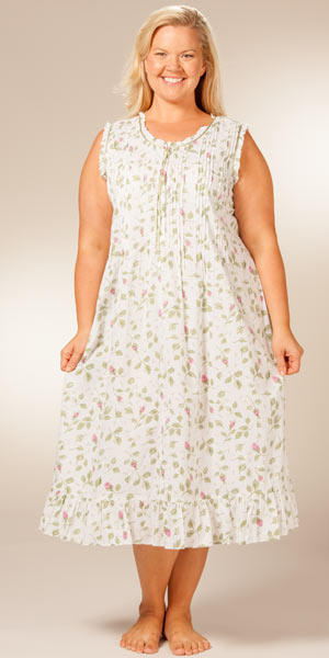 Plus Size La Cera Sleepwear 1X to 3X - Sleeveless Cotton Nightgown  - Blooming Vines