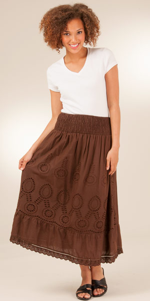 Z10-6-2014 Claudia Richards 100% Cotton Eyelet Lined Skirt -  Chocolate