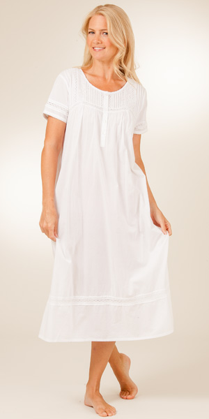 La Cera White Nightgowns - Cotton Short Sleeve in Pearl Innocence