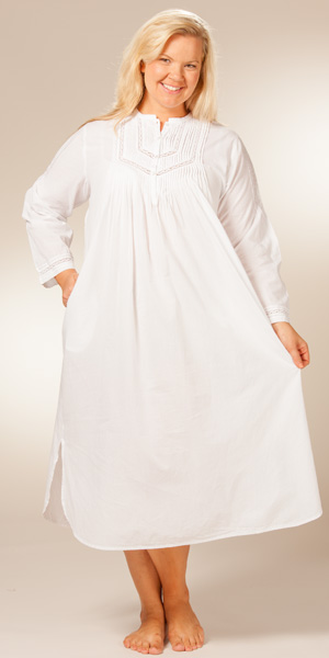 Plus (Size 1X) La Cera Cotton Pintucking Delight Nightshirt -  White Cotton Gowns