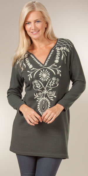 Knit Tunic - Long Sleeve V-Neck Embroidered Sweater Dress - Gray Intrigue