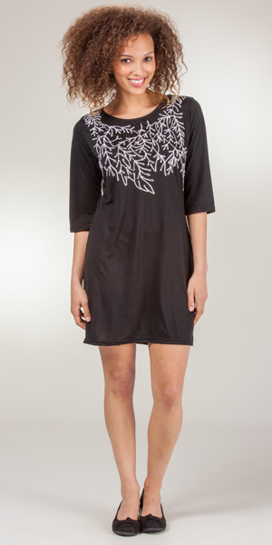SC SALE Short Sleeve Dress - Embroidered Boat Neck Tunic Tops - Ebony Sprigs