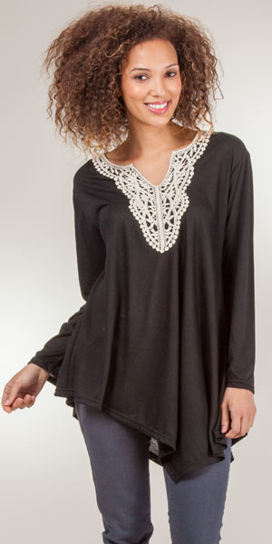 Tunics - Long Sleeve Crocheted Neckline Knitted Top - Raven