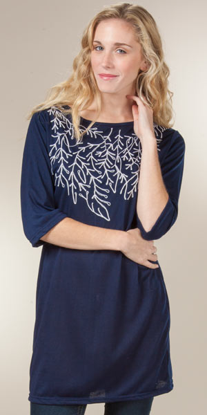 Tunics - Embroidered (Size S/M) Boat Neck Knit Long Top - Sapphire Sprigs